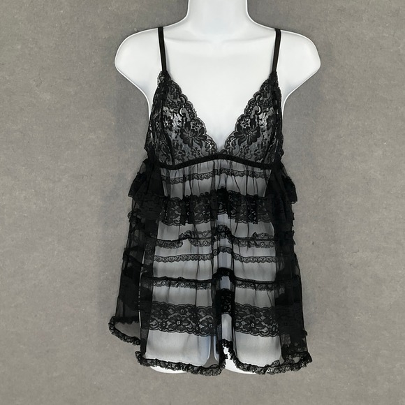 Victoria's Secret Black Lace Ruffle Babydoll Cami Top Lingerie Medium - Picture 1 of 12